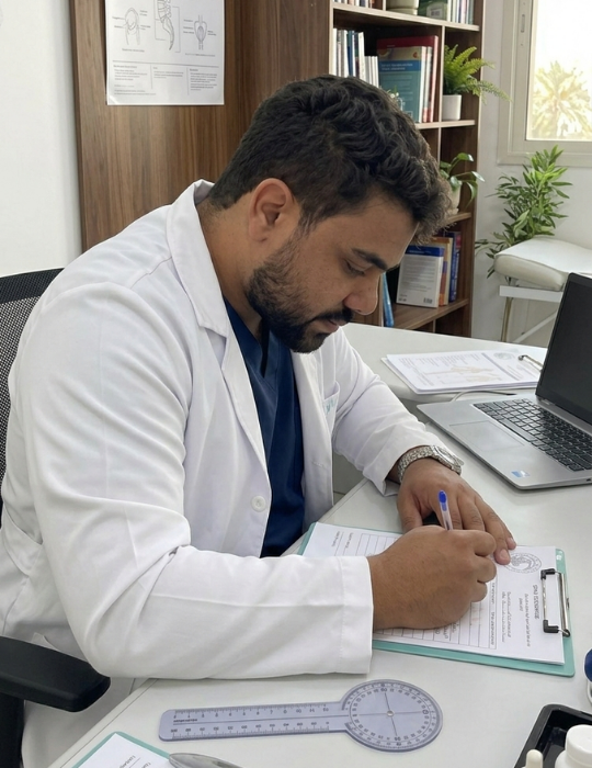 Dr. Gabriel escrevendo orientações de tratamento fisioterapêutico