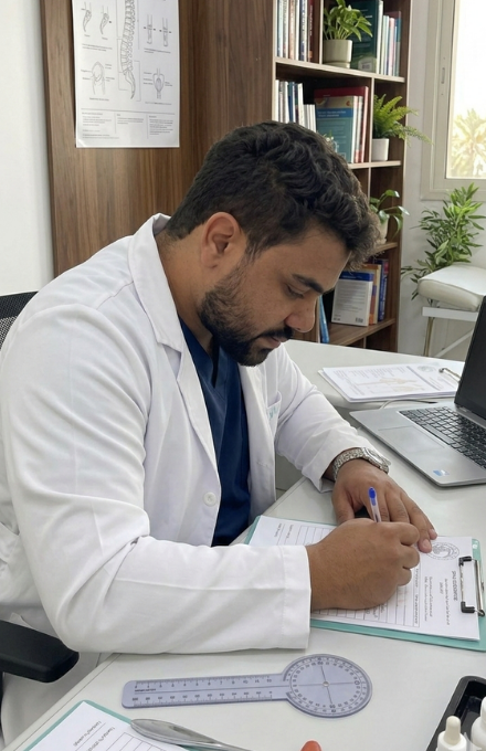 Dr. Gabriel escrevendo orientações de tratamento fisioterapêutico